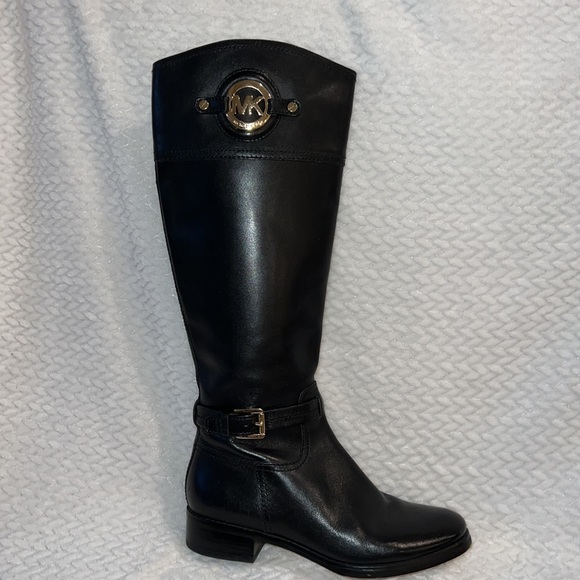 Michael Kors Shoes - Michael Kors BRYCE TALL Womens Black Leather Gold MK LOGO Boots Size 7 Like New
